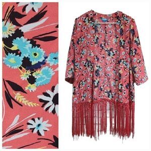 Anthropologie Nanette Lepore Coral Floral Fringe Kimono L’Amour Large Anthro